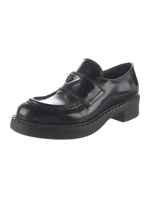 Prada Enameled Metal Triangle Leather Loafers