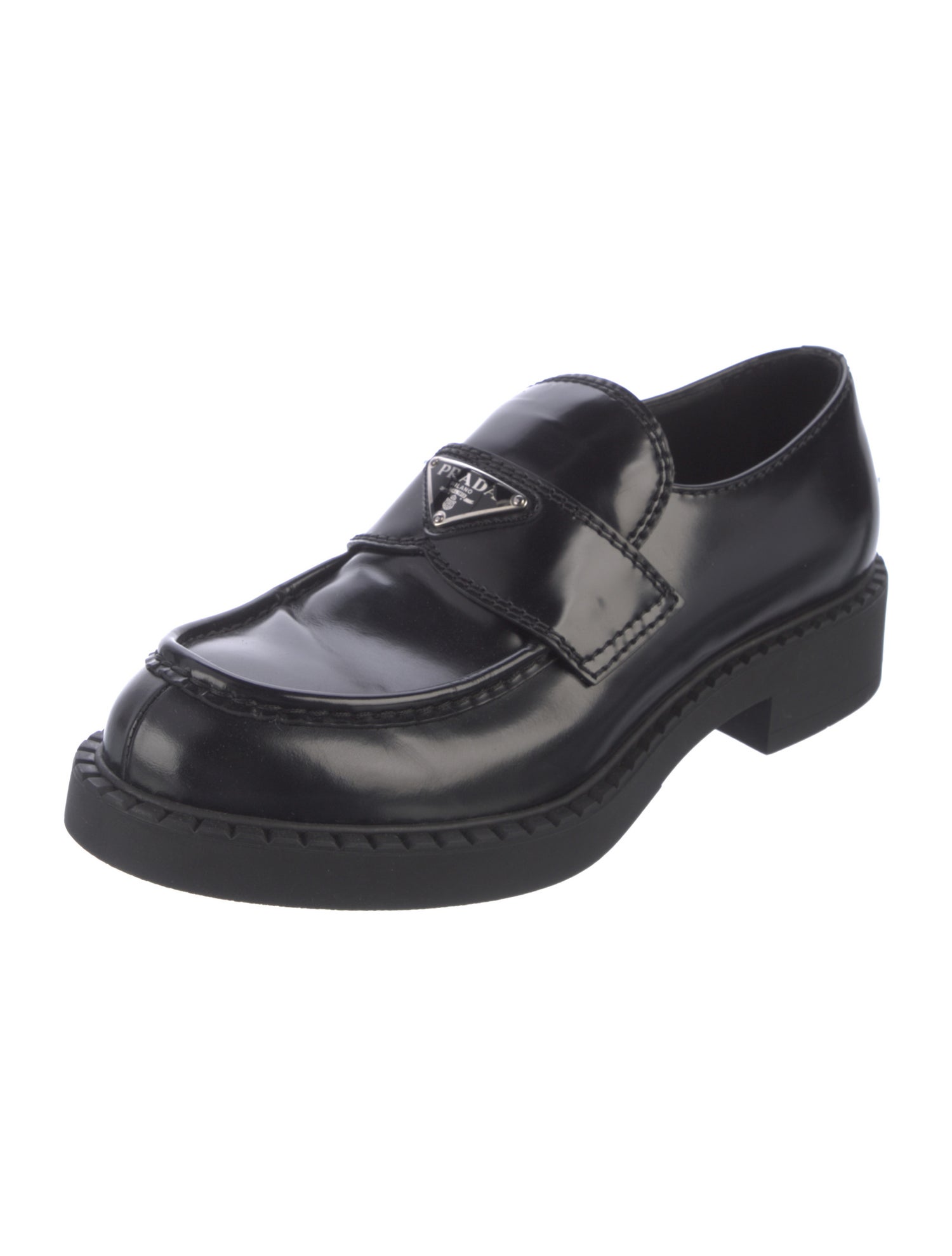 Prada Enameled Metal Triangle Leather Oxfords
