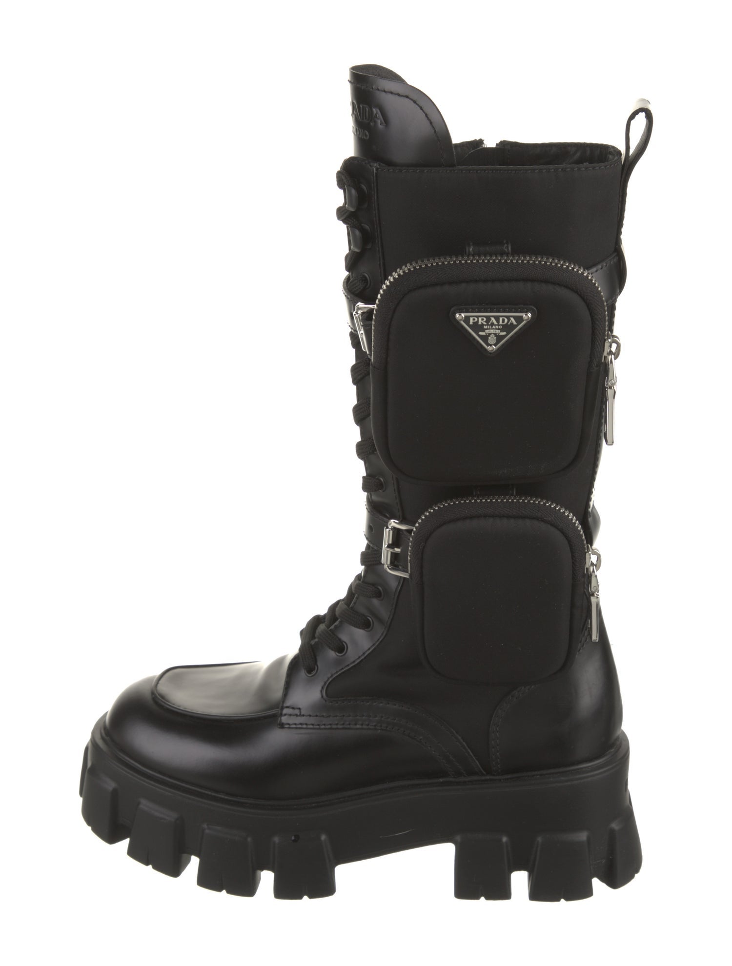 Prada Leather Leather Trim Embellishment Combat Boots