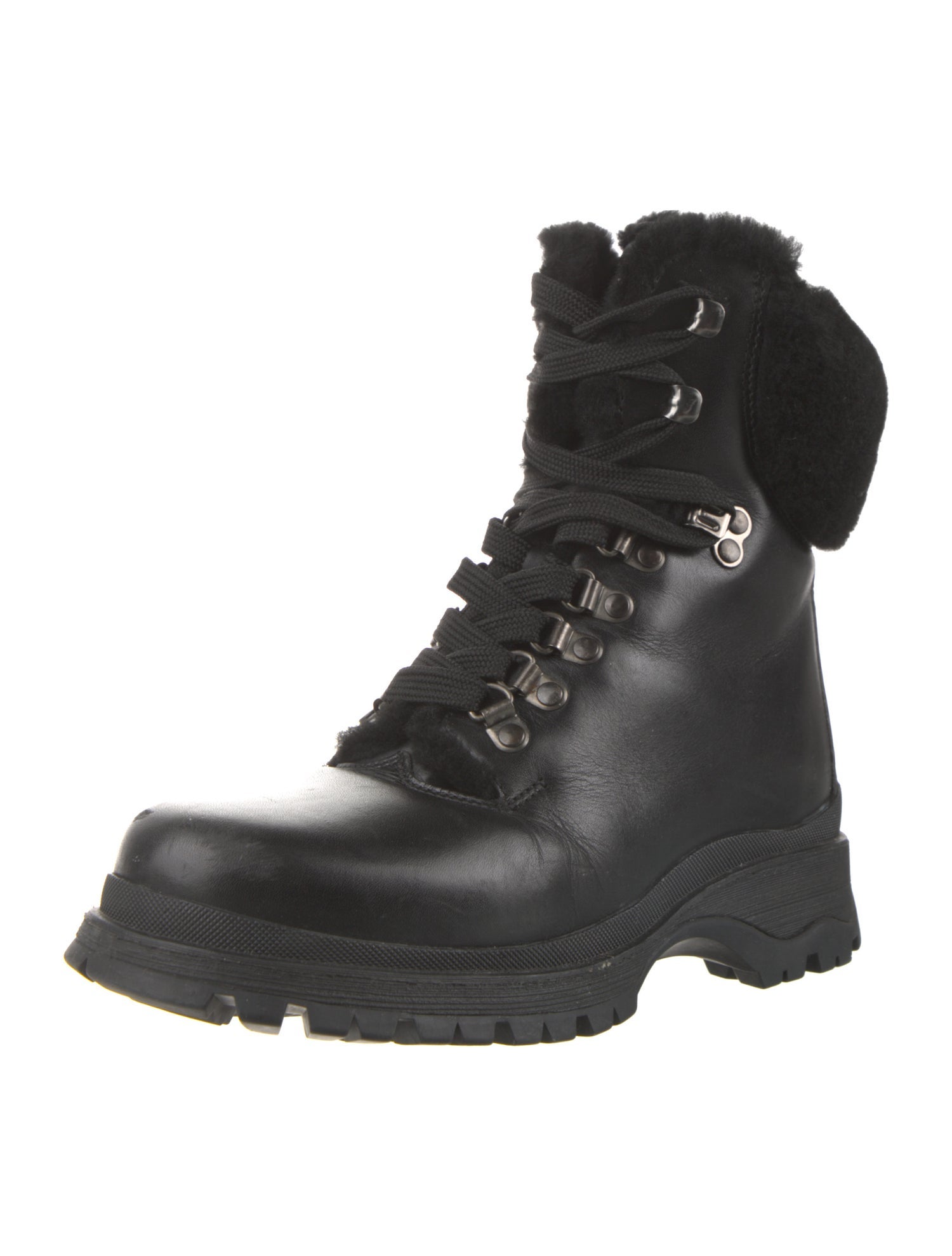 Prada Leather Fur Trim Combat Boots