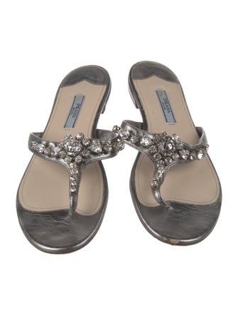 Prada Leather Crystal Embellishments Flip Flops