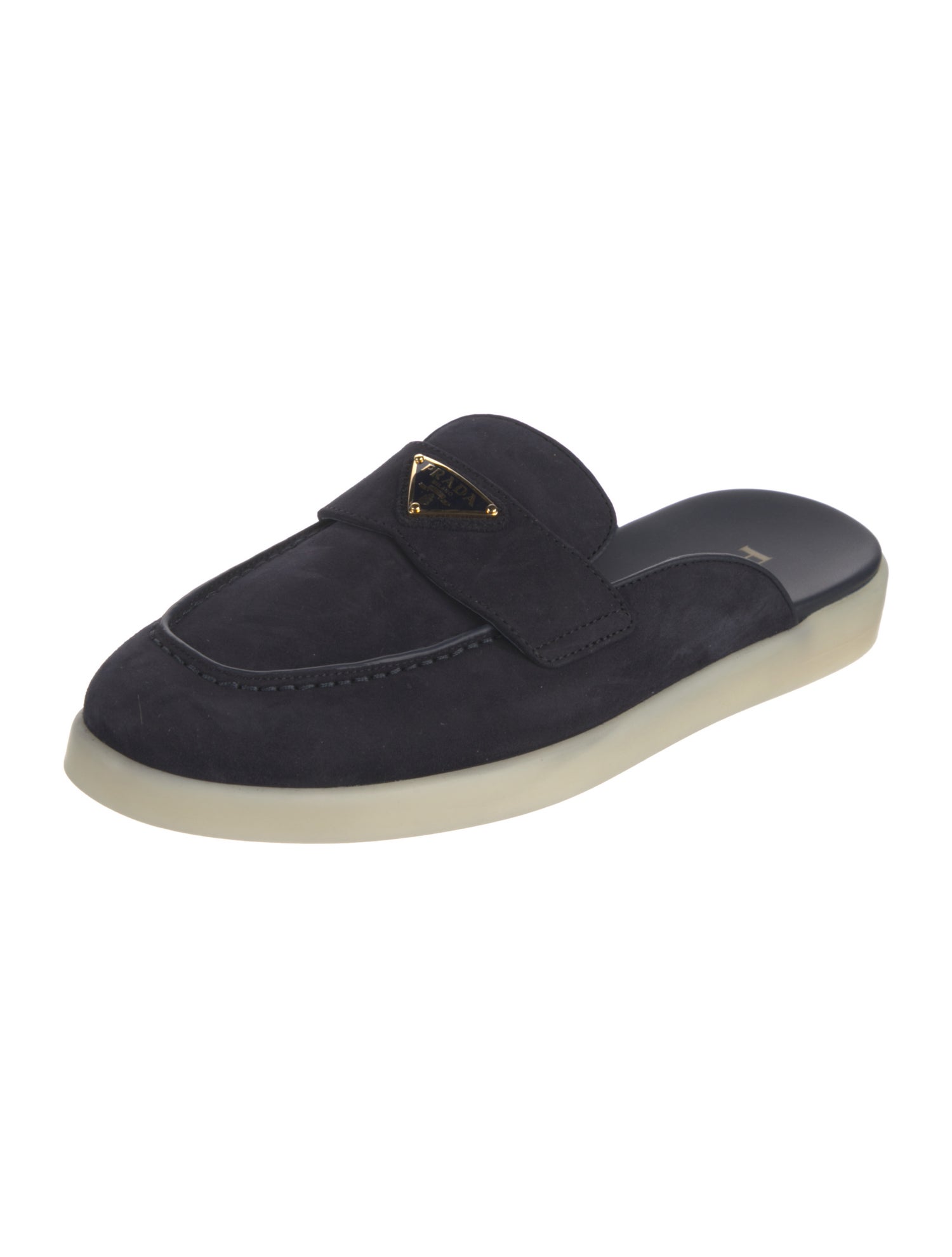 Prada Enameled Metal Triangle Suede Mules