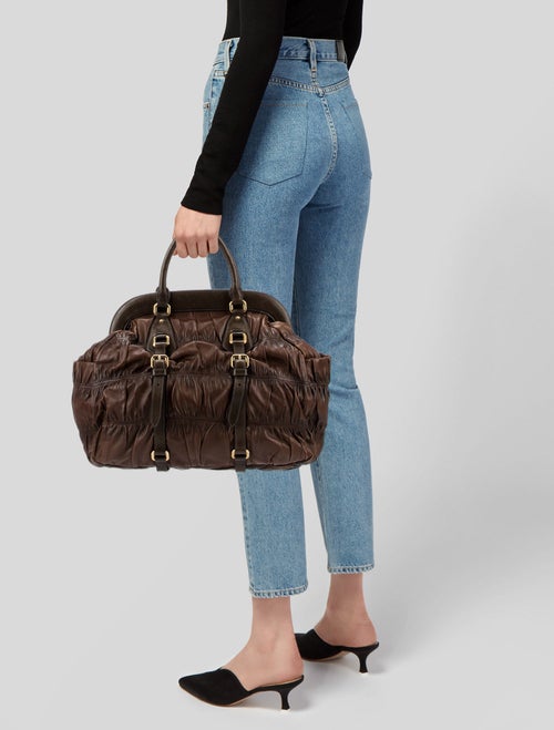 Prada Enameled Metal Triangle Weekender Bag