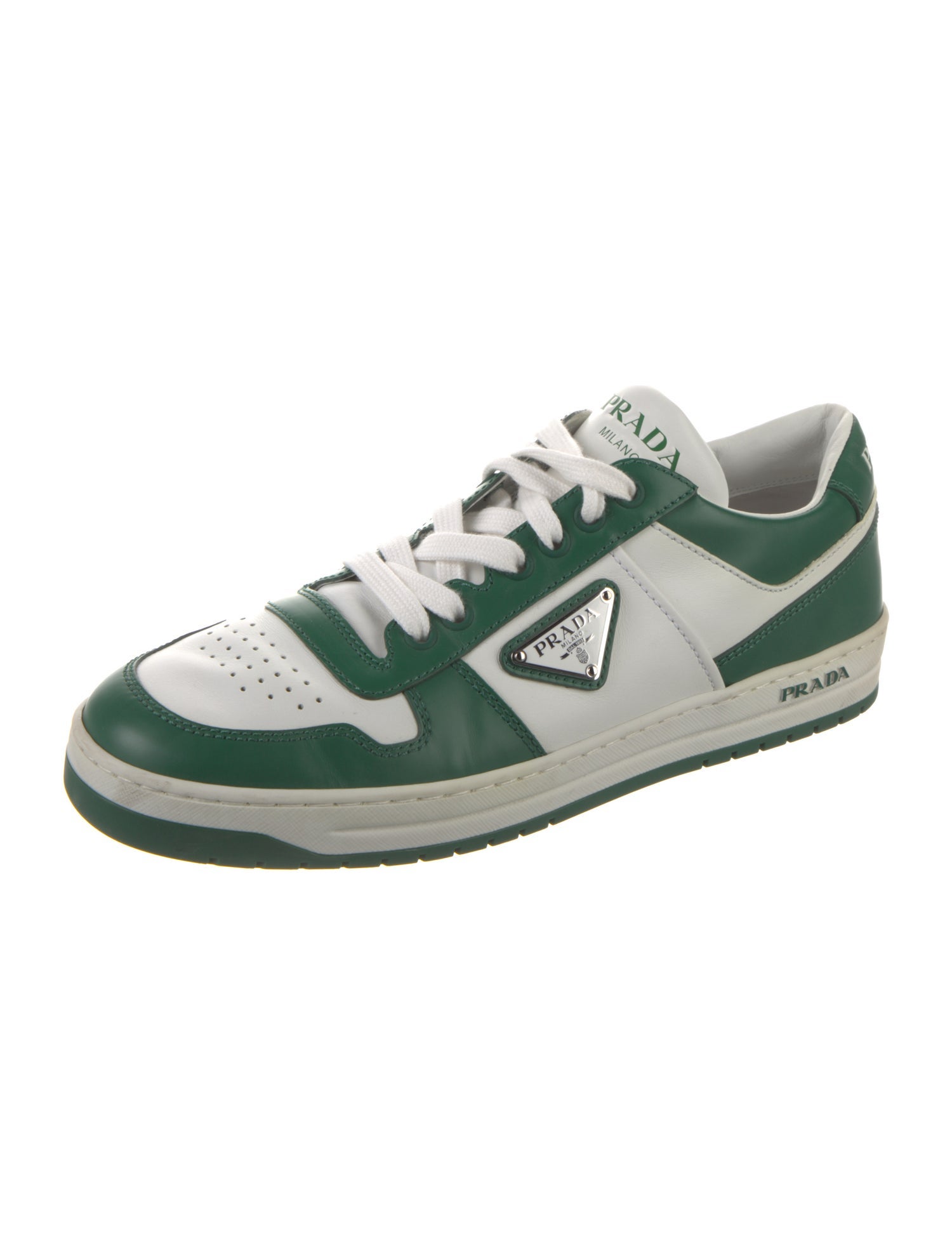 Prada Enameled Metal Triangle Leather Sneakers