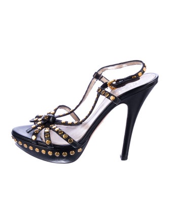 Prada Leather Polka Dot Print T-Strap Sandals