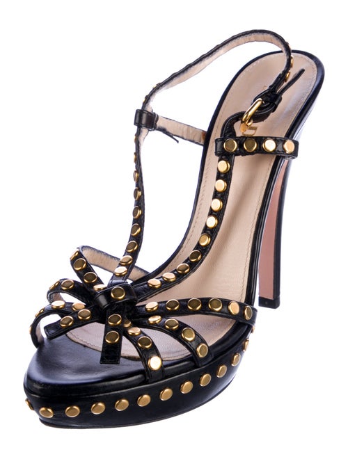 Prada Leather Polka Dot Print T-Strap Sandals
