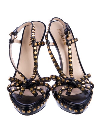 Prada Leather Polka Dot Print T-Strap Sandals