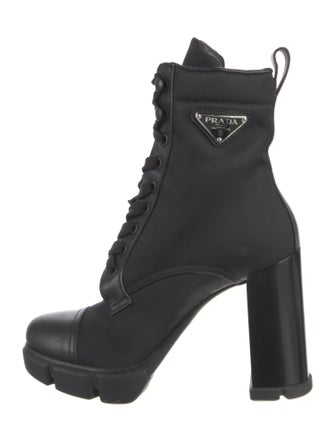 Prada Nylon Leather Trim Embellishment Lace-Up Boots