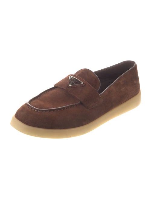 Prada Enameled Metal Triangle Suede Loafers