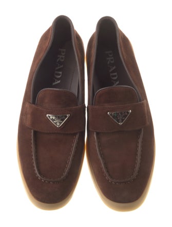 Prada Enameled Metal Triangle Suede Loafers