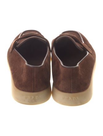 Prada Enameled Metal Triangle Suede Loafers