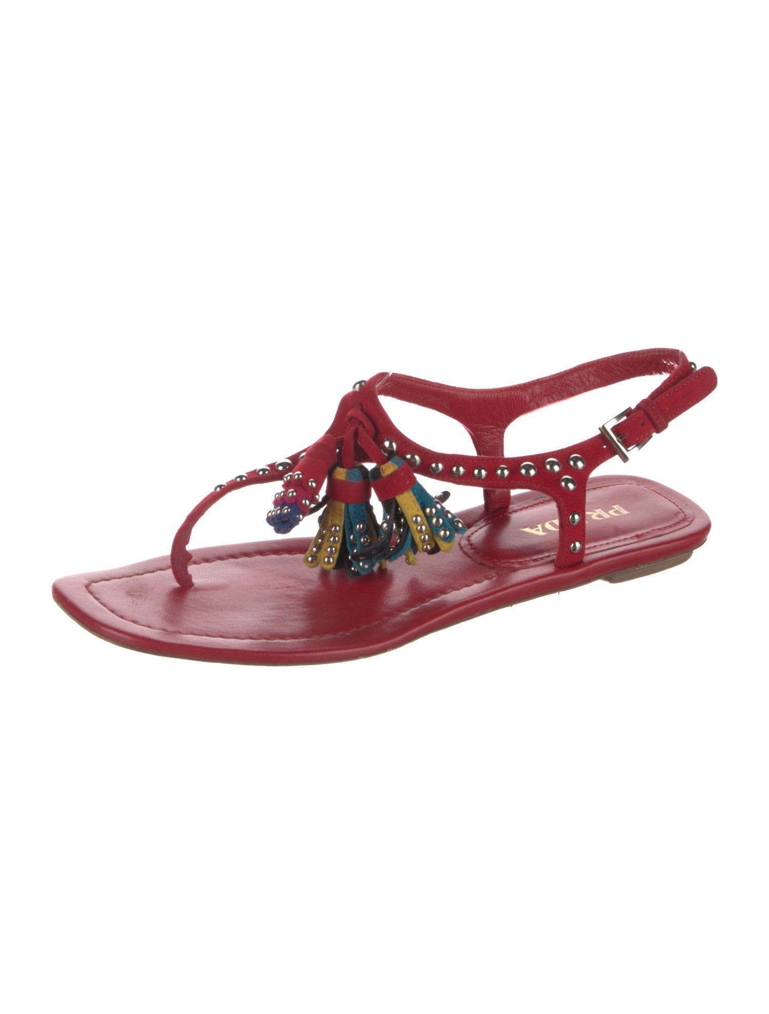 Prada Leather Tassel Accents T-Strap Sandals