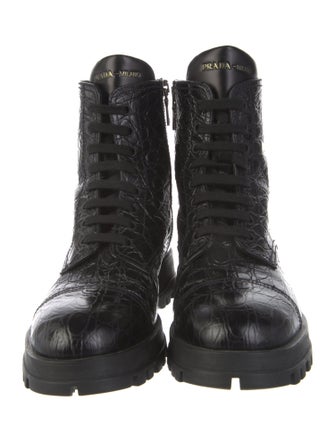 Prada Leather Animal Print Combat Boots