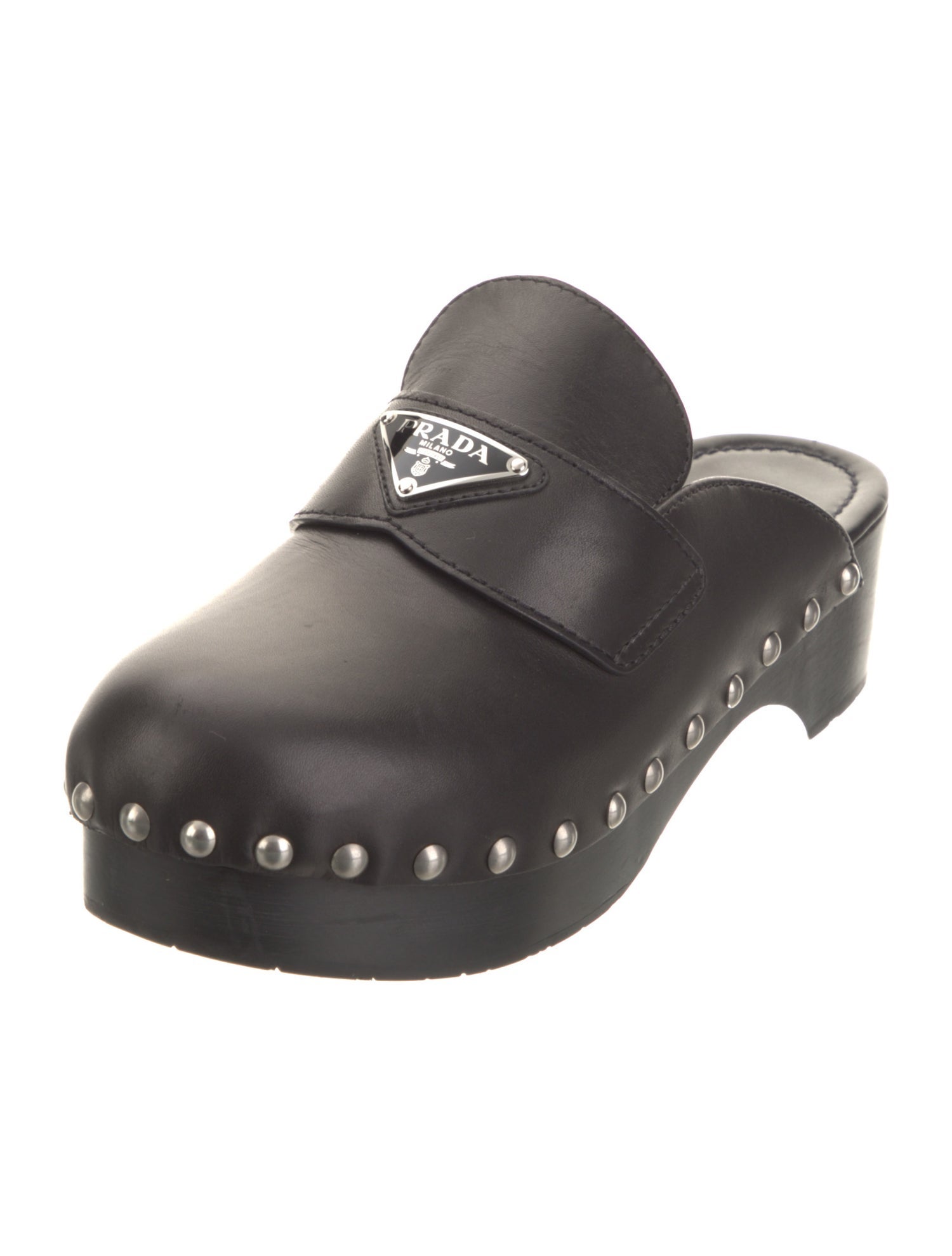 Prada Enameled Metal Triangle Leather Mules