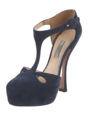 Prada Suede Cutout Accent T-Strap Pumps