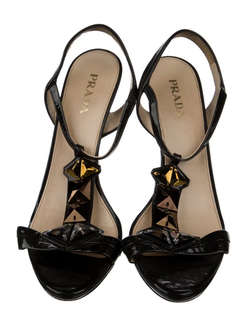Prada Patent Leather Crystal Embellishments T-Strap Sandals