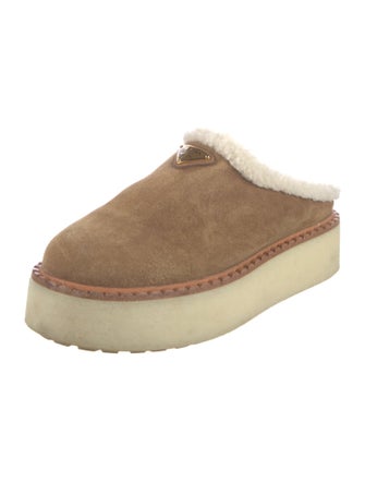 Prada Enameled Metal Triangle Suede Mules