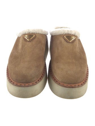 Prada Enameled Metal Triangle Suede Mules