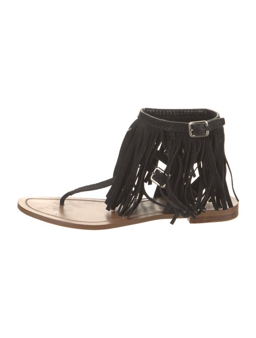 Prada Suede Fringe Trim Accent T-Strap Sandals
