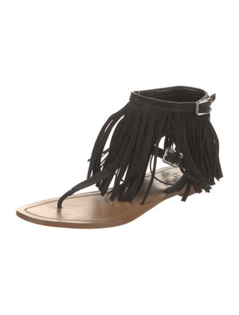 Prada Suede Fringe Trim Accent T-Strap Sandals