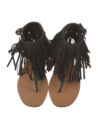 Prada Suede Fringe Trim Accent T-Strap Sandals