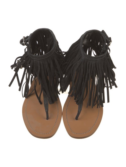 Prada Suede Fringe Trim Accent T-Strap Sandals