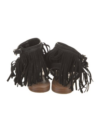 Prada Suede Fringe Trim Accent T-Strap Sandals