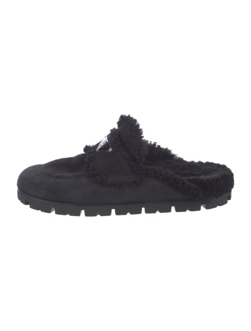 Prada Enameled Metal Triangle Suede Mules