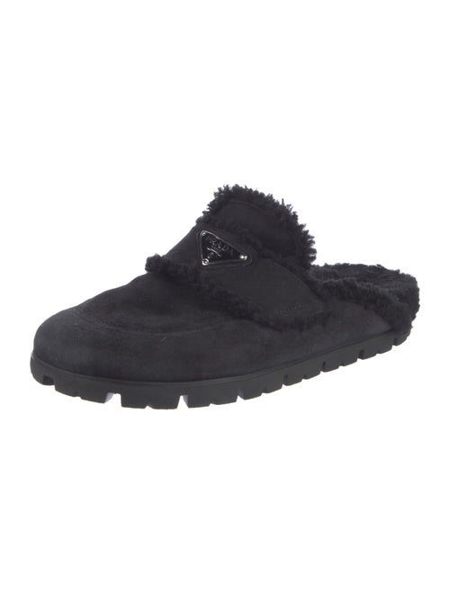 Prada Enameled Metal Triangle Suede Mules