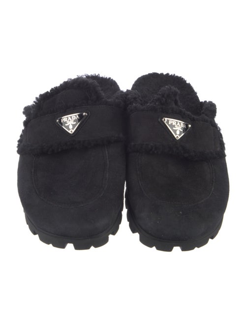 Prada Enameled Metal Triangle Suede Mules