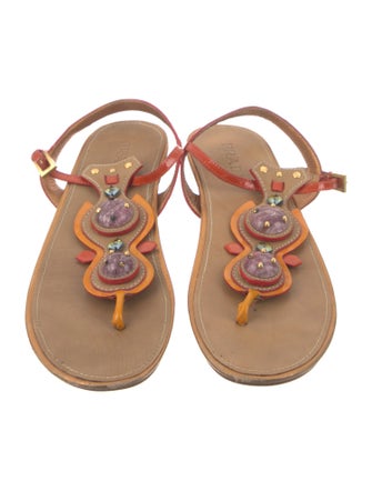 Prada Patent Leather Studded Accents T-Strap Sandals