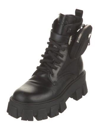 Prada Enameled Metal Triangle Leather Combat Boots