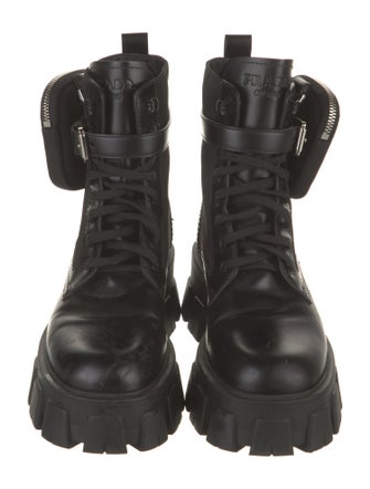 Prada Enameled Metal Triangle Leather Combat Boots