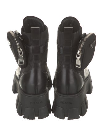 Prada Enameled Metal Triangle Leather Combat Boots