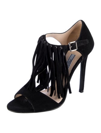 Prada Suede Fringe Trim Accent T-Strap Sandals