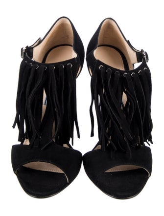 Prada Suede Fringe Trim Accent T-Strap Sandals