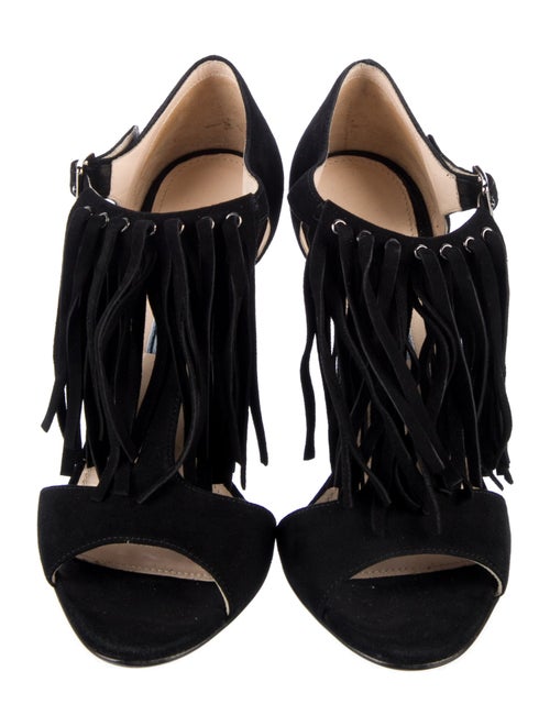 Prada Suede Fringe Trim Accent T-Strap Sandals