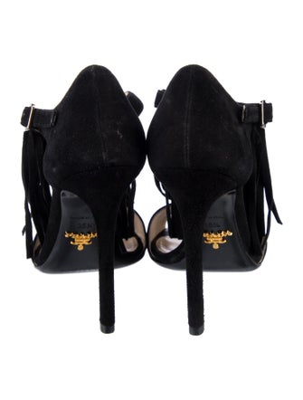 Prada Suede Fringe Trim Accent T-Strap Sandals