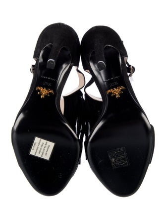 Prada Suede Fringe Trim Accent T-Strap Sandals