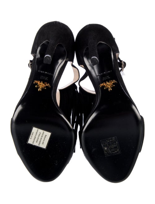 Prada Suede Fringe Trim Accent T-Strap Sandals
