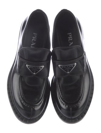 Prada Enameled Metal Triangle Patent Leather Oxfords