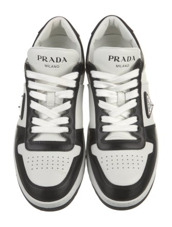 Prada Enameled Metal Triangle Leather Sneakers