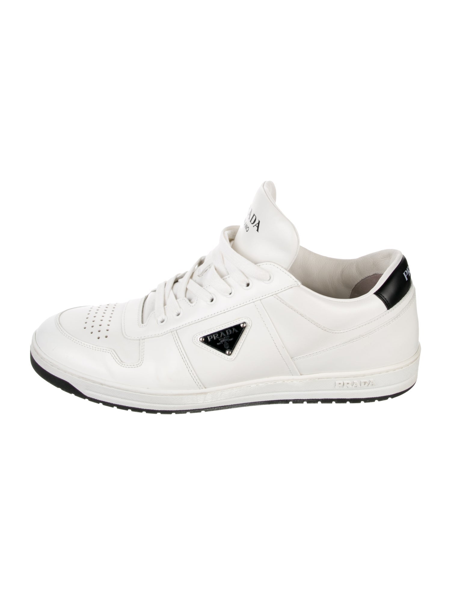 Prada Enameled Metal Triangle Leather Sneakers