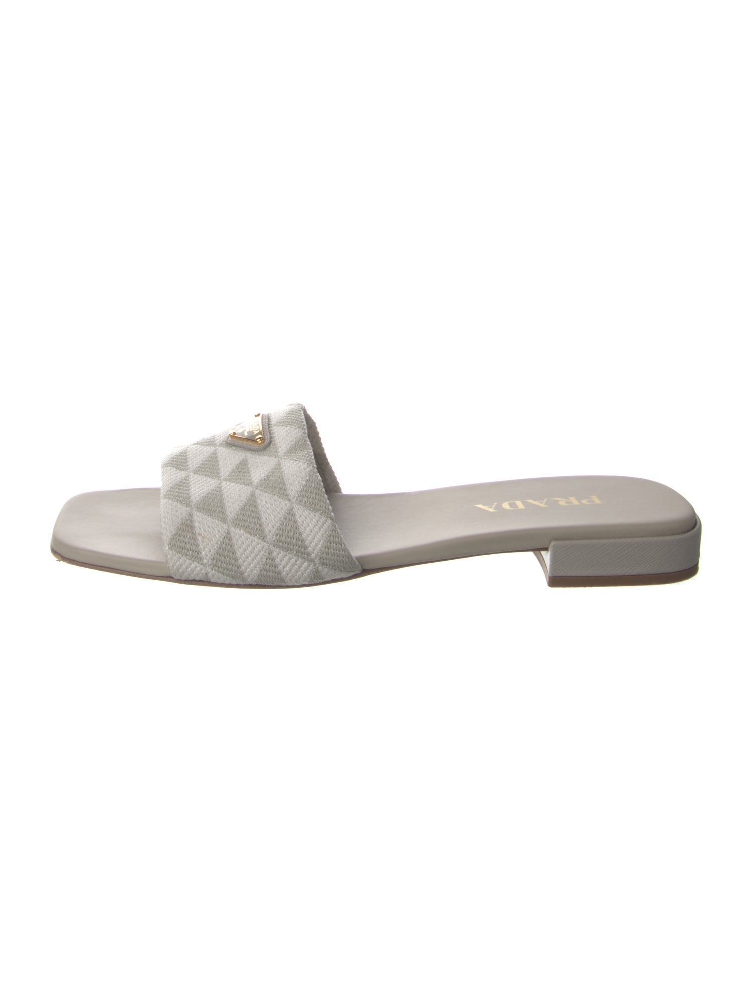 Prada Enameled Metal Triangle Printed Slides