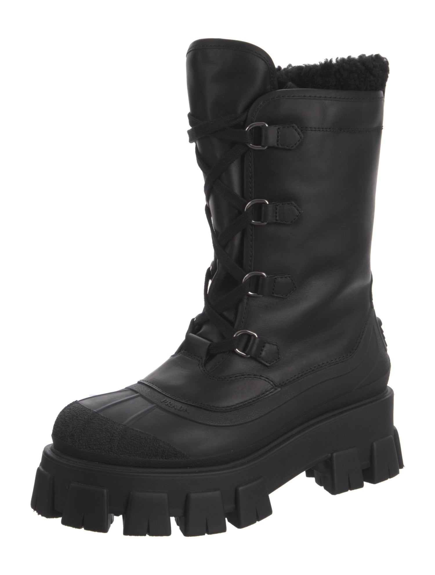 Prada Leather Fur Trim Combat Boots