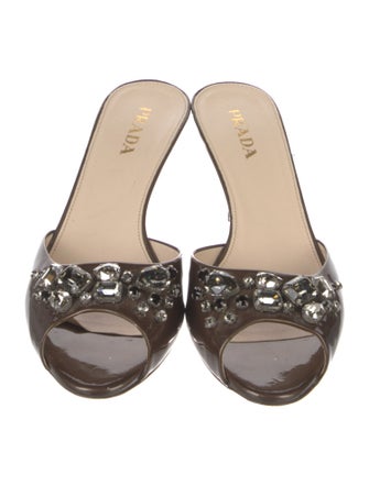 Prada Patent Leather Crystal Embellishments Slides