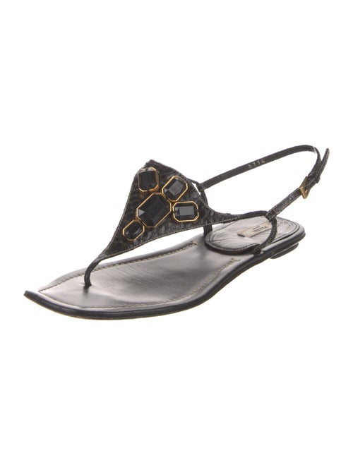 Prada Leather Crystal Embellishments T-Strap Sandals