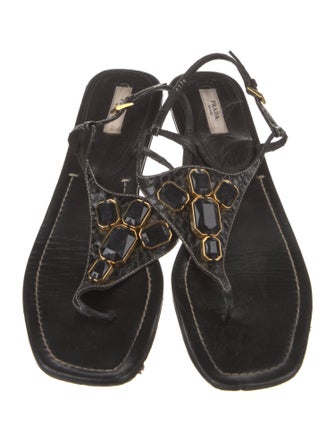 Prada Leather Crystal Embellishments T-Strap Sandals