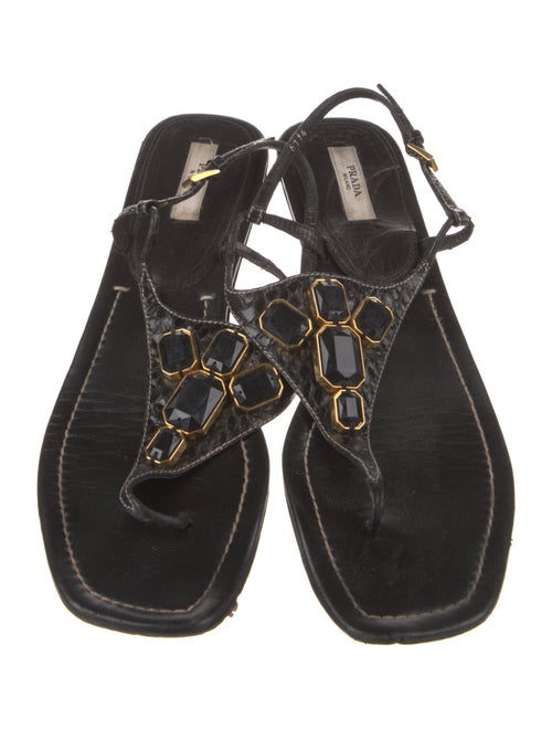 Prada Leather Crystal Embellishments T-Strap Sandals