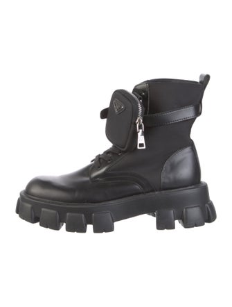 Prada Enameled Metal Triangle Leather Combat Boots